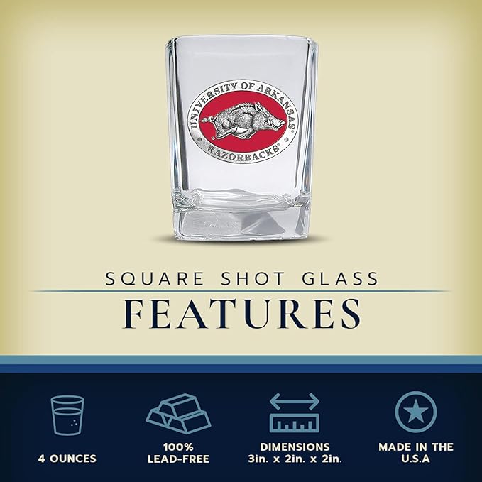 Heritage Pewter University of Arkansas Square Shot Glass | Hand-Sculpted 1.5 Ounce Shot Glass | Intricately Crafted Metal Pewter Alma Mater Inlay