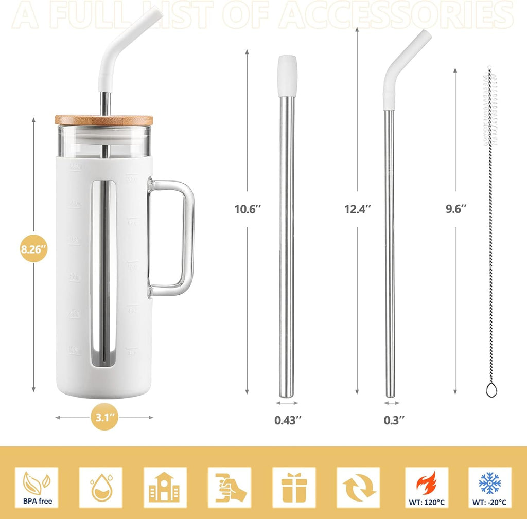 Kodrine Tumbler with Lid and Straw, 20 oz Glass Coffee Tumbler with Handle, Smoothie Cup with Bamboo Lid | Time Marker | Silicone Protective Sleeve, BPA Free - White