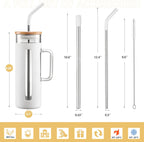 Kodrine Tumbler with Lid and Straw, 20 oz Glass Coffee Tumbler with Handle, Smoothie Cup with Bamboo Lid | Time Marker | Silicone Protective Sleeve, BPA Free - White