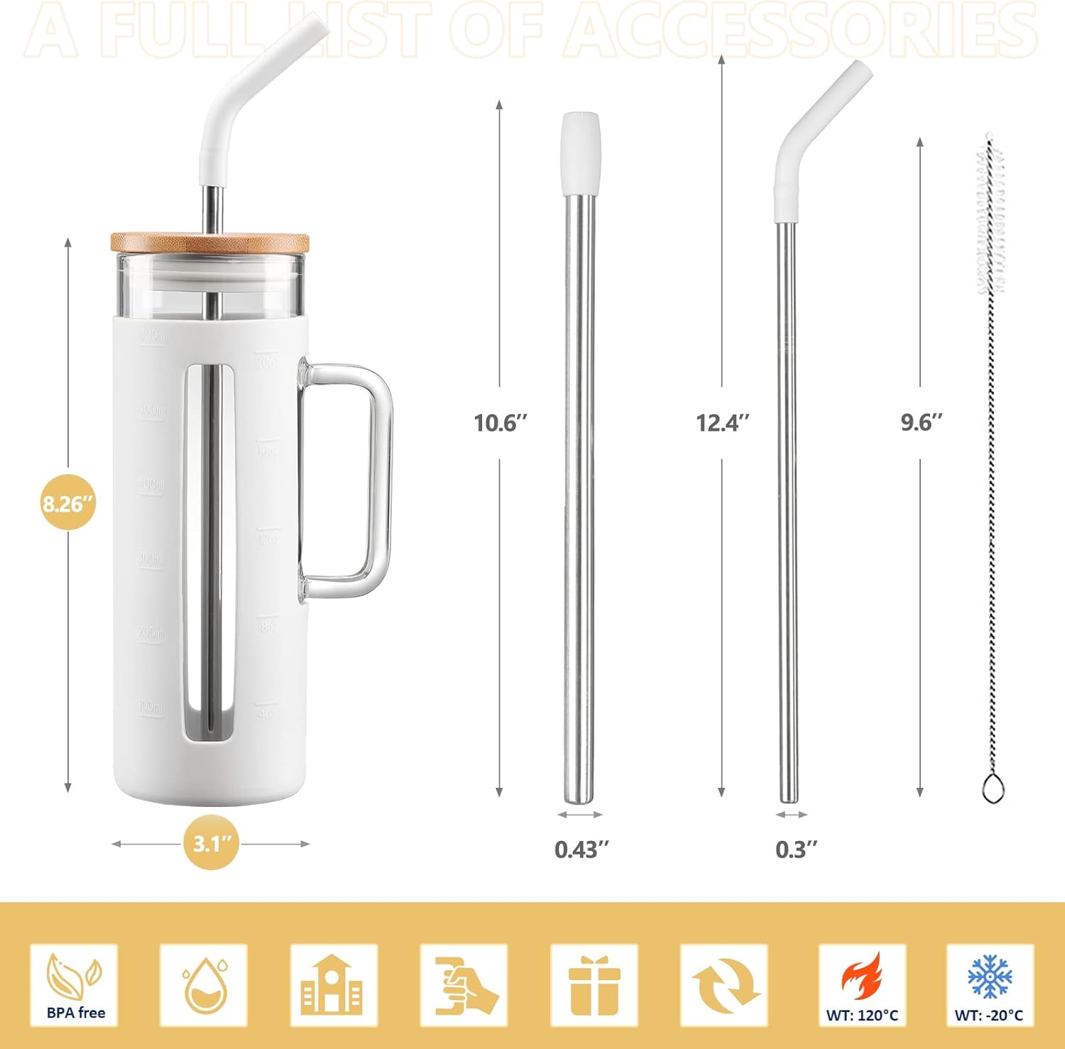 Kodrine Tumbler with Lid and Straw, 20 oz Glass Coffee Tumbler with Handle, Smoothie Cup with Bamboo Lid | Time Marker | Silicone Protective Sleeve, BPA Free - White