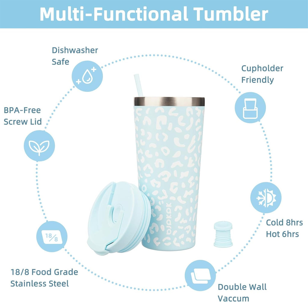 BJPKPK 22oz Tumbler With lid And Straw Stainless Steel Travel Coffee Mug Insulated Tumblers Cups,Light Blue Leopard
