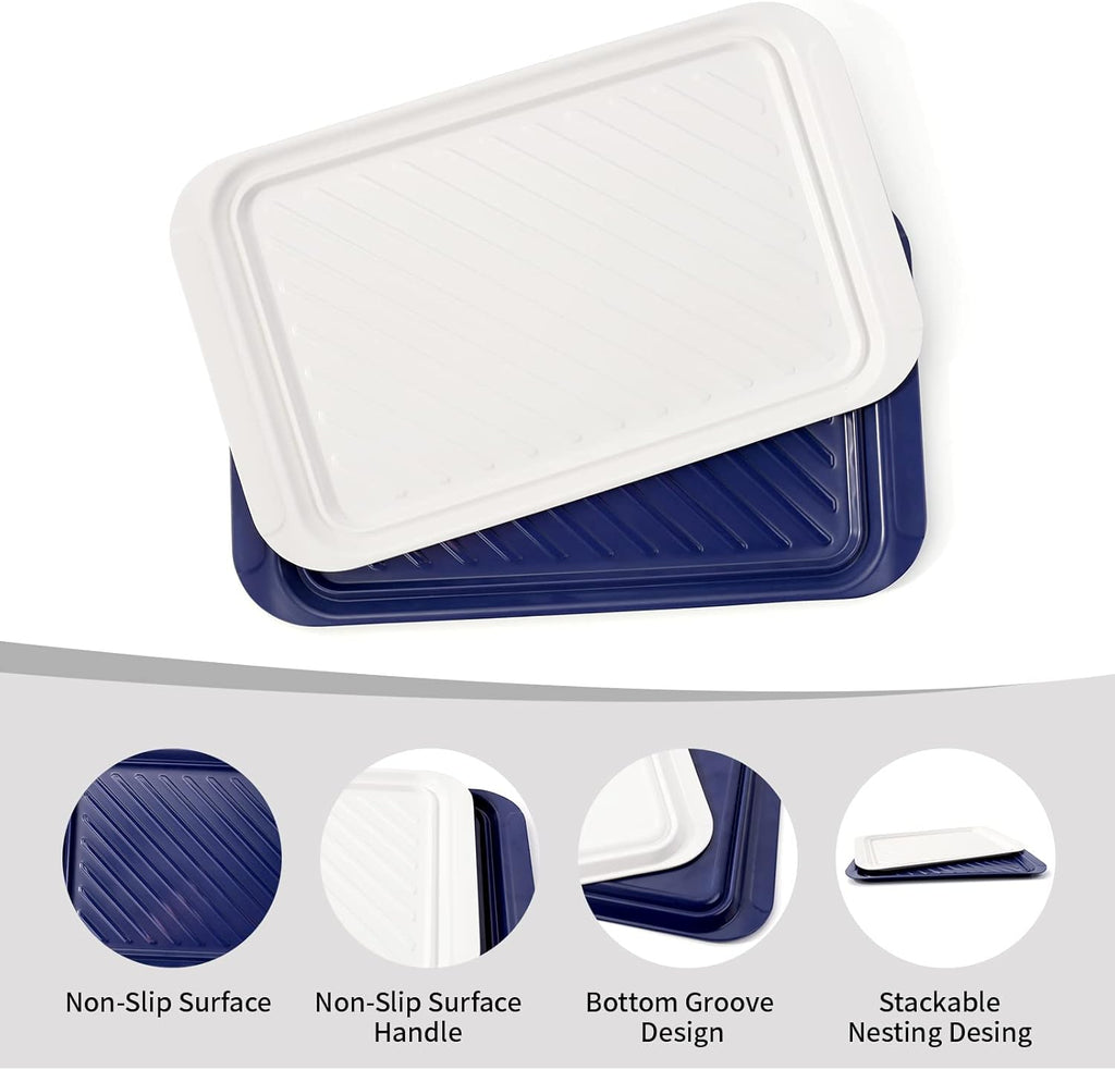 TP Grilling Prep and Serve Trays, 17" BBQ Tray for Meat Marinating and Food Plating, Melamine Serving Platters Set of 2 Grilling Accessories, Blue and White