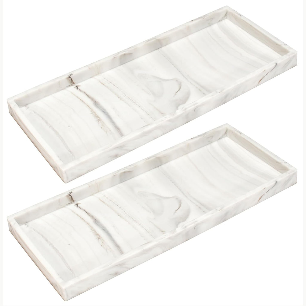 DNC Silicone Bathroom Tray for Counter, 2PC 11.8" Vanity Tray for Countertop, Kitchen Sink Soap Tray for Dish Holder Dispenser Toilet Tank Desk Organizer Marble White