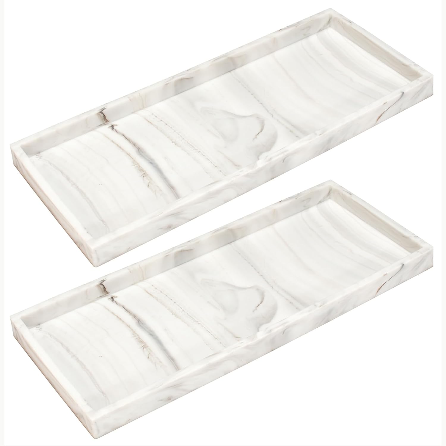 DNC Silicone Bathroom Tray for Counter, 2PC 11.8" Vanity Tray for Countertop, Kitchen Sink Soap Tray for Dish Holder Dispenser Toilet Tank Desk Organizer Marble White