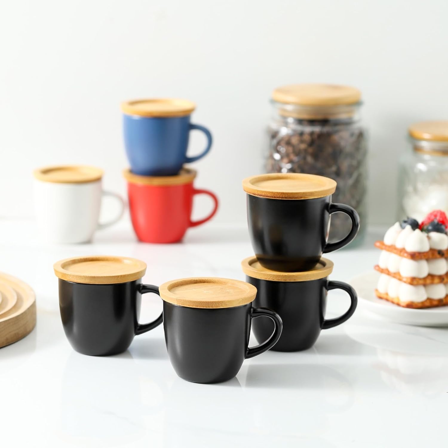 Hasense 4 OZ Espresso Cups and Saucers Set of 6, Demitasse Cups with Handle for Latte, Cappuccino, Cafe Mocha and Tea, Porcelain Coffee Cups for Coffee Bar and Party, Black