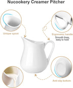 Nucookery 2 Pack 8 Oz White Creamer with Handle, Ceramic Small Creamer Pitcher Set of 2, Porcelain Small Milk Pitcher For Coffee Sauces Salad Milk, Microwave & Freezer Safe (8-Ounce, Set/2)
