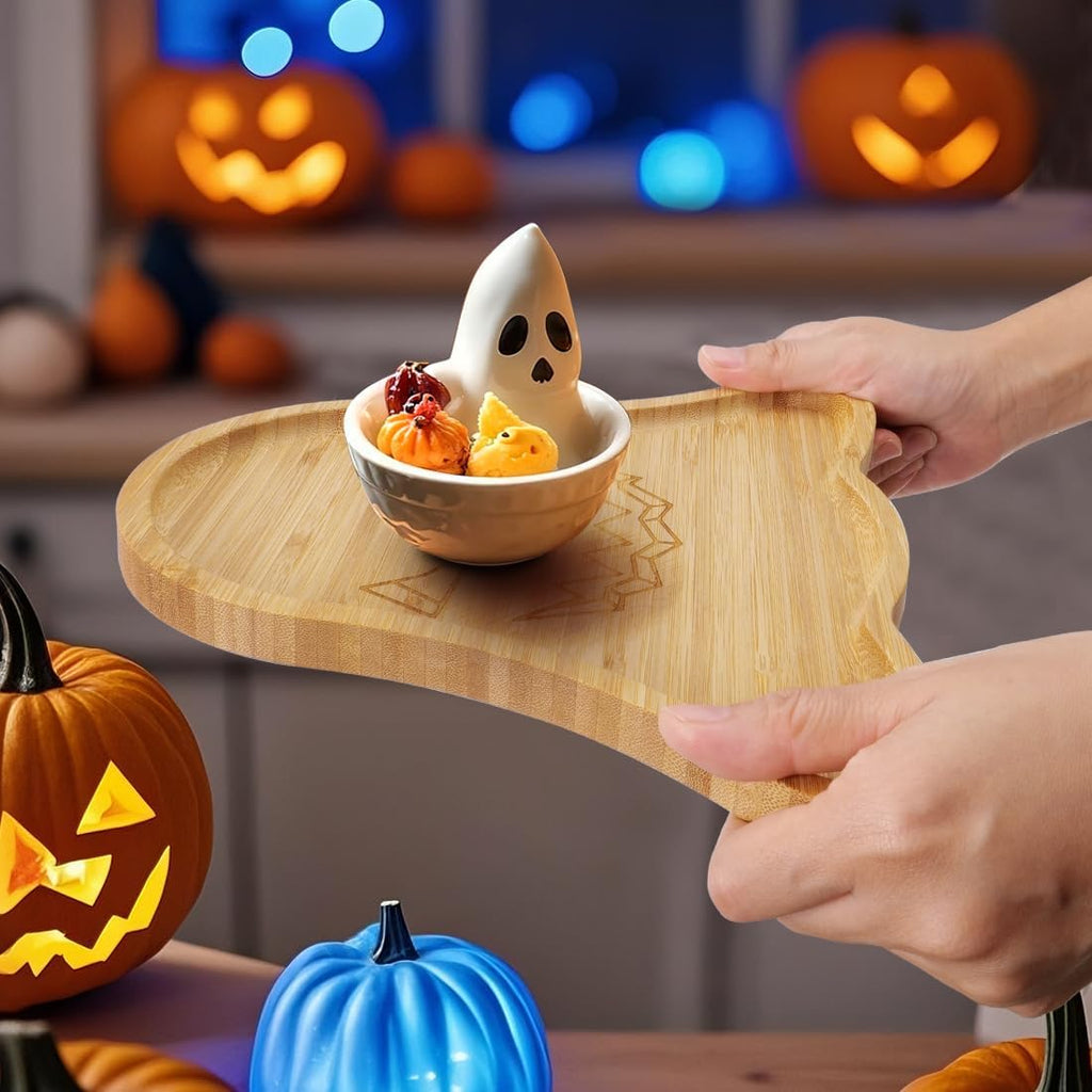 TJ POP Halloween Ghost Serving Tray - Spooky Ghost Shaped Bamboo Serving Platter, Festive Wooden Charcuterie Board, Snack Cheese Dish Plate for Candy, Treats, Drinks & Holiday Party Decor (10" x 9")