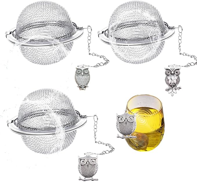 Tea Infusers for Loose Tea 3 Sets Tea Infuser Loose Leaf Tea Steeper Tea Stainless Steel Ball Mesh Tea Strainer Filters with Crtstal Pendant (Metal Owl)