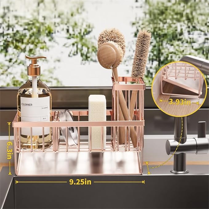 Cisily Sink Caddy Organzier with High Brush Holder, Sponge Holder for Sink, 304 Rustproof Stainless, Kitchen Countertop Soap Dispenser Organizer, Rose Gold Kitchen Decor and Accessories