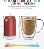 OJA Double Wall Glass Coffee Mugs 12.5oz, Hand Blown Clear Glass Coffee Cups Set of 2, Insulated Tea Mug, Perfect for Espresso, Cappuccino, Latte, American,Tea Bag, Beverage