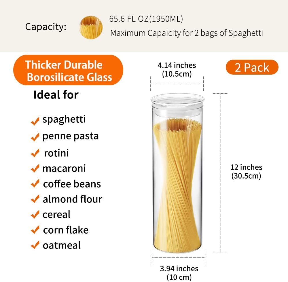 ZENS Glass Spaghetti Pasta Storage Container with Lids Set of 2, 65oz Tall Clear Airtight Food Storage Jar Canisters for Kitchen Pantry Noodles Flour Cereal Coffee Beans