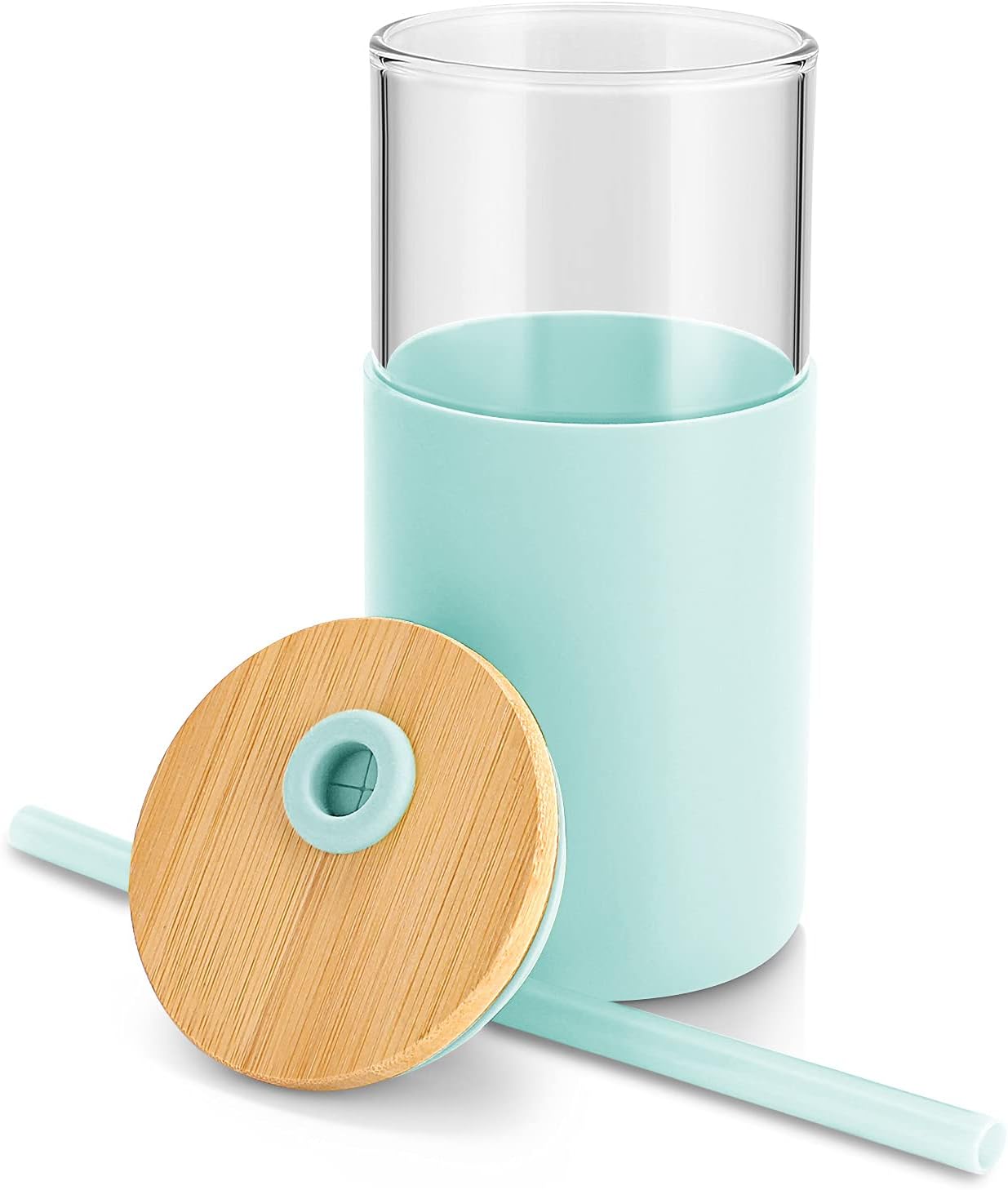 Tronco 16 oz Glass Tumbler with Straw and Bamboo Lid, Iced Coffee Cup Reusable, Smoothie Cups, Tumbler with Silicone Protective Sleeve - BPA Free