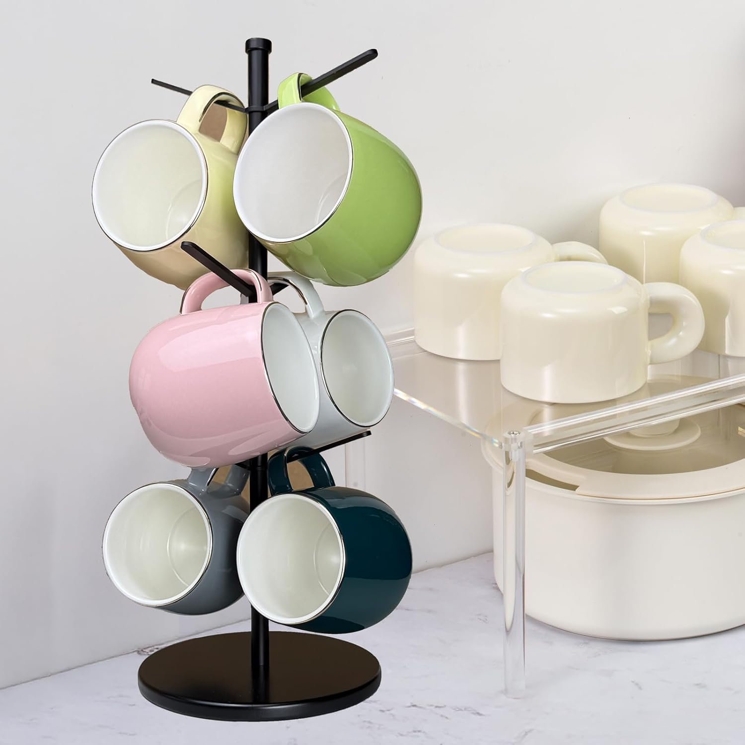 Premium Mug Tree, 6 Hooks Upgraded Stable Metal Mug Holder, Bamboo Base Coffee Mug Cup Rack for Counter Top, Mug Display, Home Storage and Cup Organizer, Black