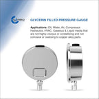 Stainless Steel Pressure Gauge Dual Display (0-15 psi/kPa) - 2 1-2" Glycerine Liquid Filled Water Air Oil Gas Gauge with Polycarbonate Lens & Brass Connection - 1/4" NPT