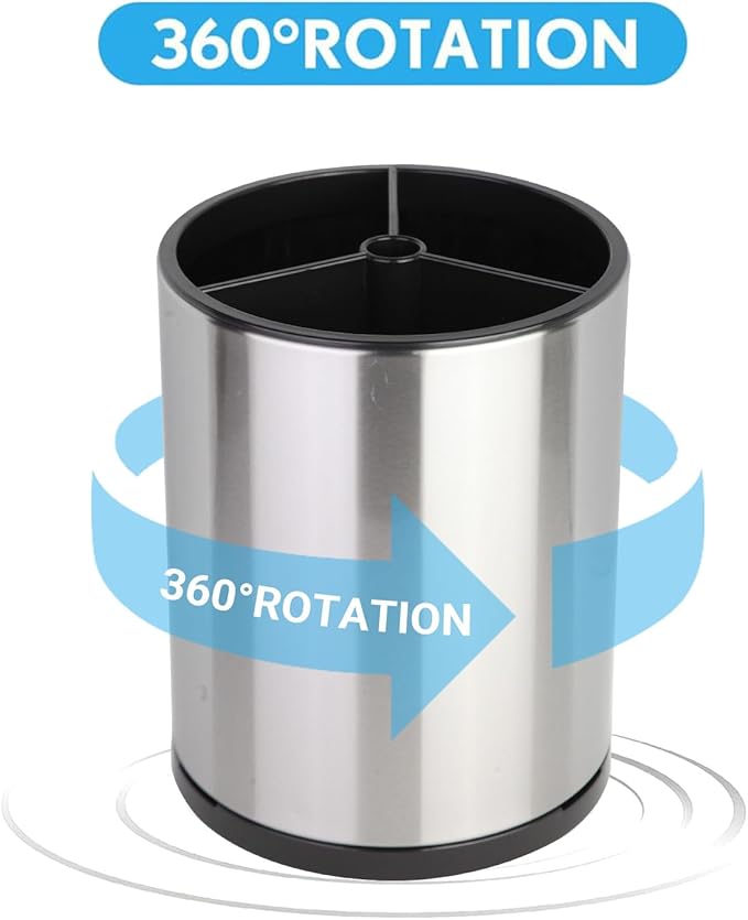 Kitchen Utensil Holder - 360° Rotating Stainless Steel Countertop Organizer (with Cleaning Brush) for Spoons, Spatulas & Cutlery Storage, Cooking Silverware Caddy with Removable Base, Silvery