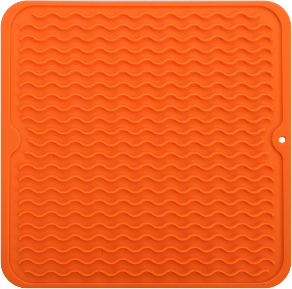 Silicone Dish Drying Mat for Multiple Usage,Easy clean,Eco-friendly,Heat-resistant Silicone Mat for Kitchen Counter or Sink,Refrigerator or Drawer liner Orange M 12 inches x 12 inches