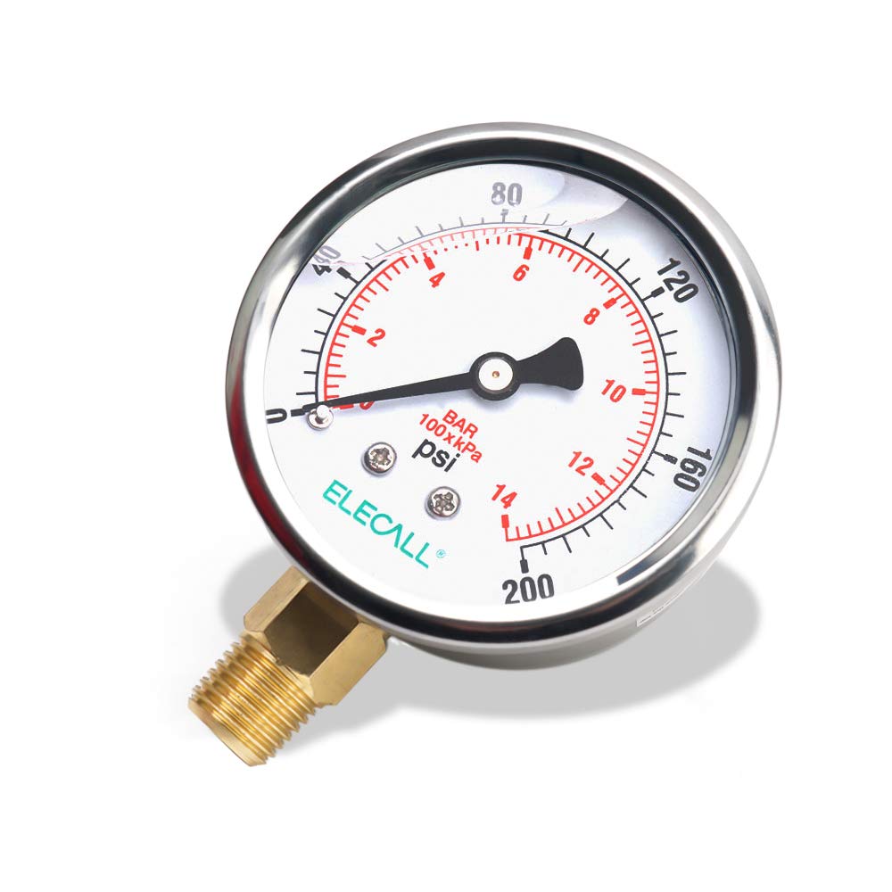 ELECALL 2-1/2” Glycerin Liquid Filled Air Pressure Gauge, 0-200Psi, 1/4” NPT Lower Mount, Stainless Steel Case, Brass Internals, Water Pressure Gauge