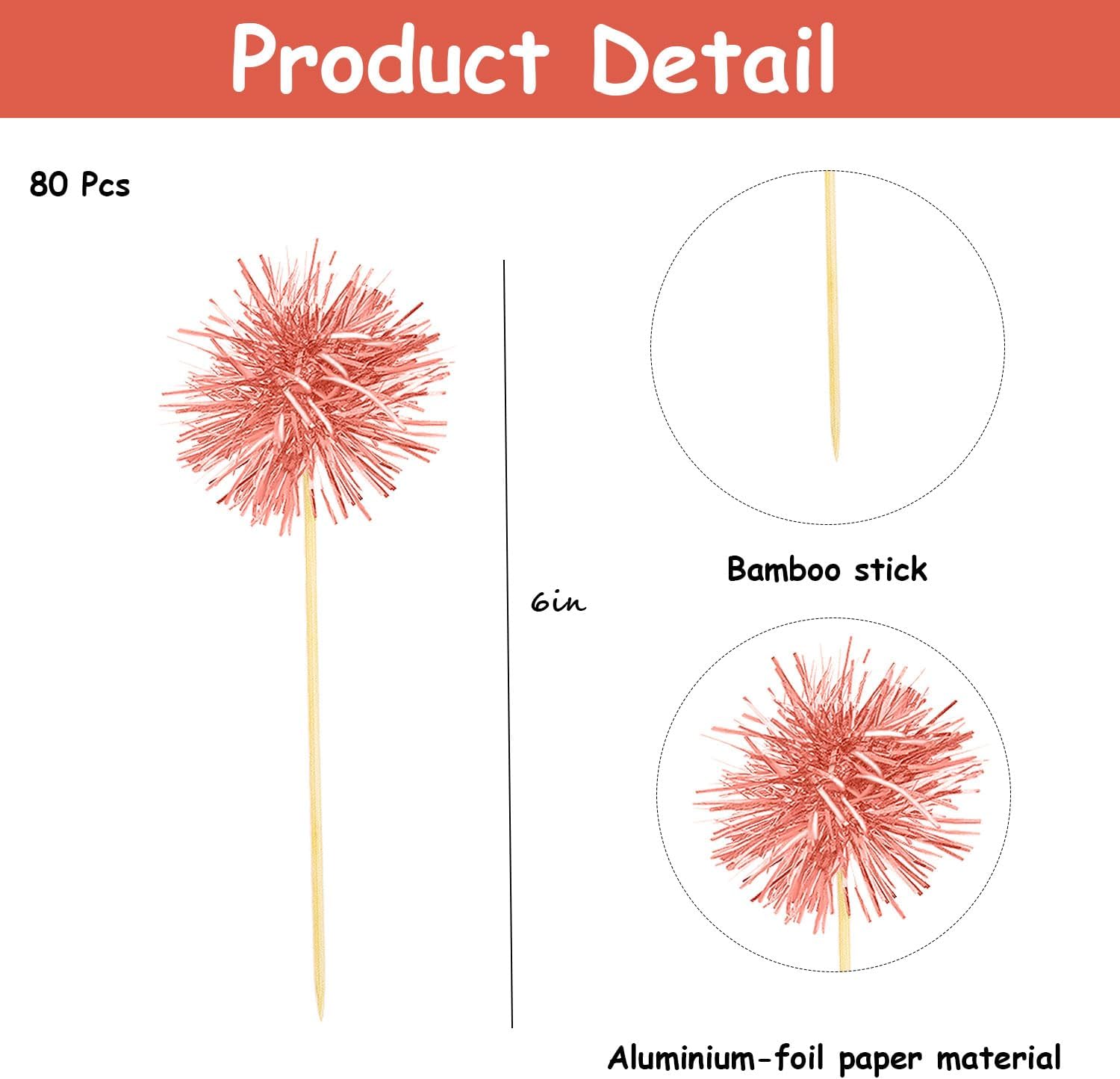 80 Pcs Firework Cupcake Topper Rose Gold Graduation Cake Decorations Foil Frill Toothpicks for Party Decoration, Cake Toppers, Picnics, Bar, Birthday, Holiday (Rose Gold)