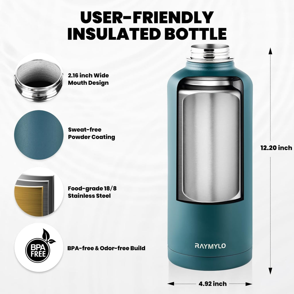 Insulated Water Bottle 87 oz, Triple Wall Vacuum Stainless Steel (Cold for 48 Hrs), Leak Proof & Non-BPA, Modern Water Flask Jug with Paracord Handle & Straw Spout Lids, Dark Green
