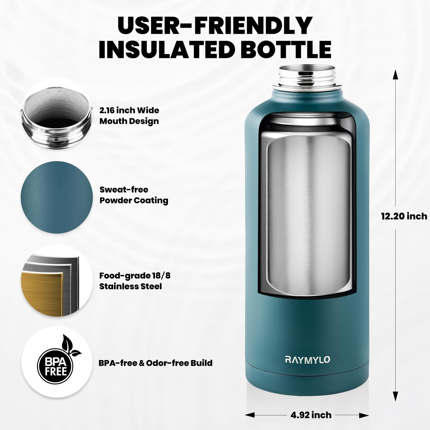Insulated Water Bottle 87 oz, Triple Wall Vacuum Stainless Steel (Cold for 48 Hrs), Leak Proof & Non-BPA, Modern Water Flask Jug with Paracord Handle & Straw Spout Lids, Dark Green