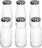 Restaurantware French Countryside 11 Ounce Glass Bottles 10 Durable Juice Bottles - With Black Plaid Lid Dishwashable Clear Glass Countryside Bottles For Hot And Cold Beverages