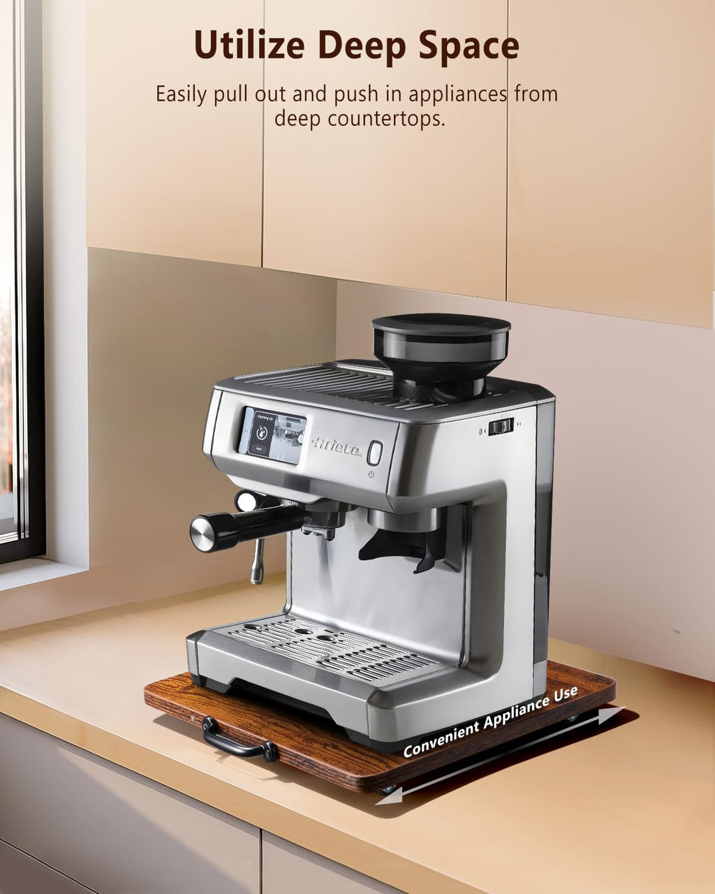 Appliance Slider, Sliding Tray for Coffee Maker, Coffee Pot Slider for Countertop, Kitchen Appliance Rolling Tray with Rubber Wheels (Rustic Brown, Large - Wide (16" X 12.5"))