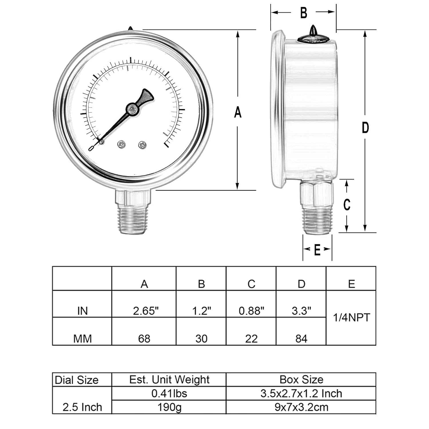 Glycerin Filled Low Pressure Gauge 15psi/1bar, Stainless Steel case, Brass Inside Construction, 2-1/2" dial, 1/4" NPT Rear Connection.
