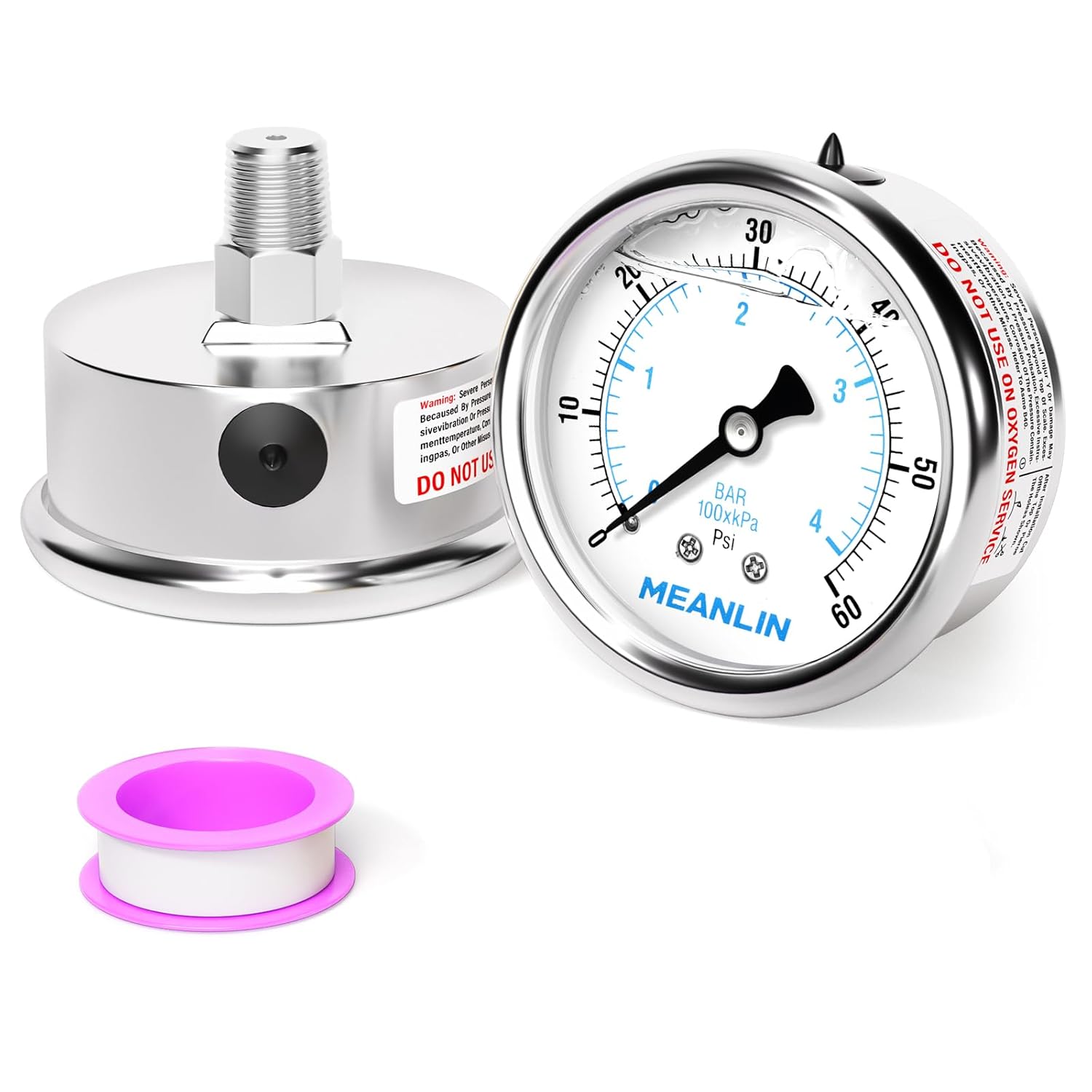 MEANLIN MEASURE 0~60Psi Liquid Filled Pressure Gauge Stainless Steel with 316 Stainless Steel Joint 1/4" NPT 2.5" FACE DIAL for Pool Filter Pump Water Oil Air Compressor Center Back Mount