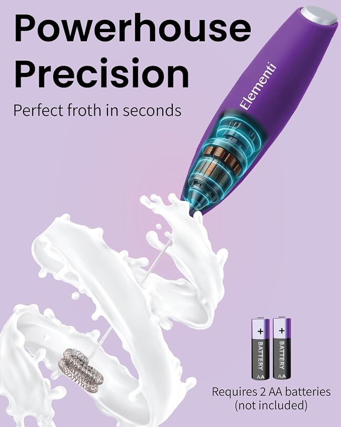 Elementi Milk Frother Wand with Double Whisk - Coffee Frother Electric Stirrer - Matcha Whisk & Drink Mixer Handheld - Hand Held Electric for Coffee (Purple)