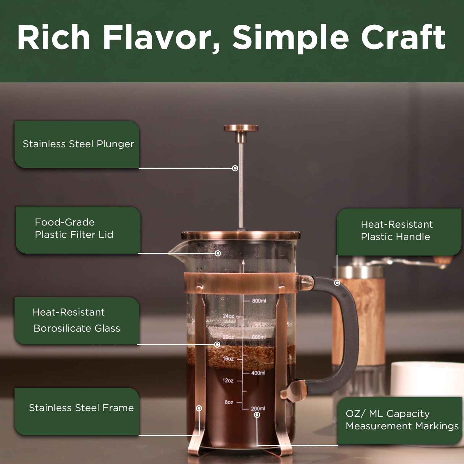 21 Ounce / 600ML French Press Coffee Maker - Stainless Steel & Borosilicate Glass, 4 - Filter for Smooth Brews - Perfect for Cold Brew, Espresso & Tea