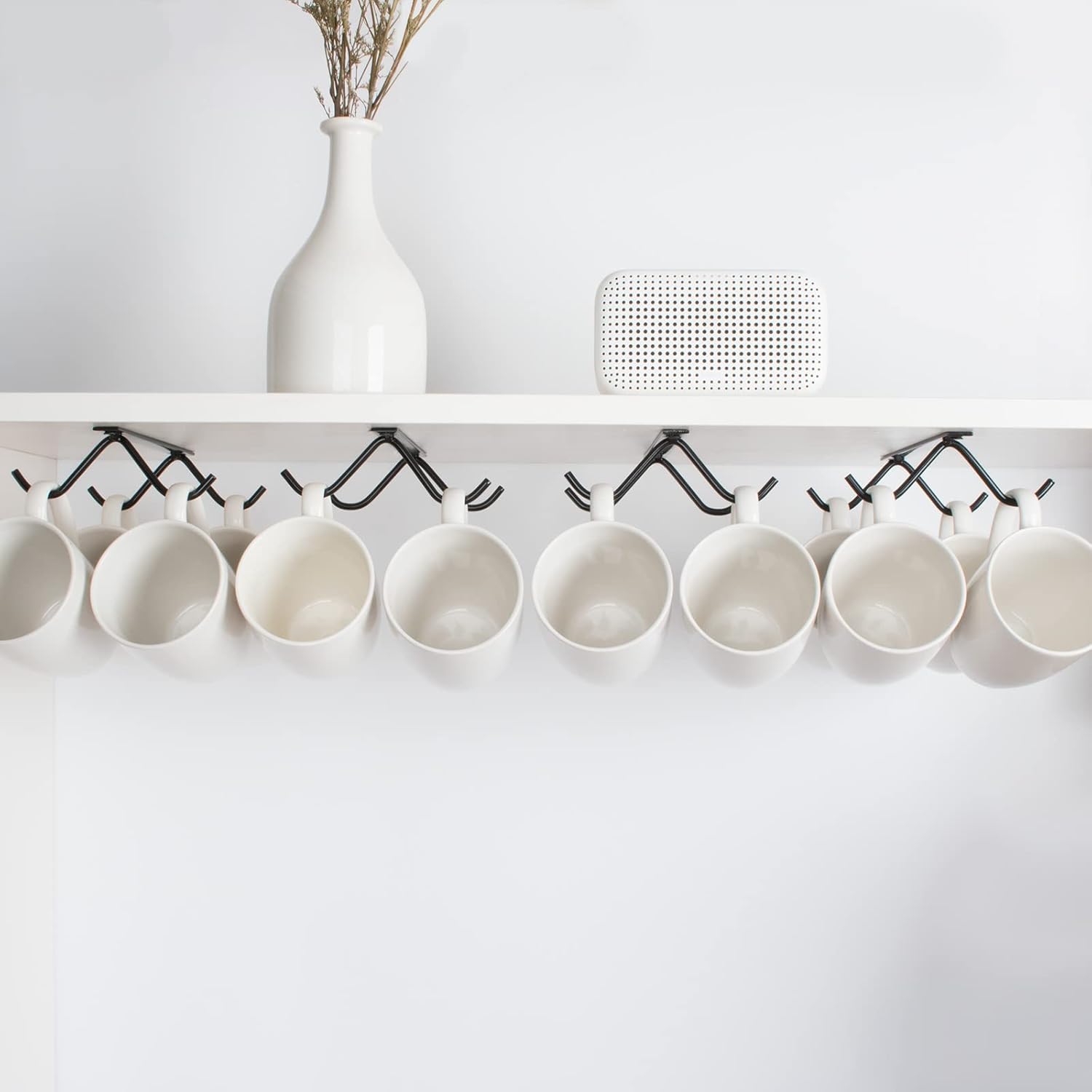 Cabinet Hook Mug Holder - Hanging Coffee Cup Rack for Kitchen, Under Cabinets Metal Hangers Organizer Shelf Storage Utensil (Black)