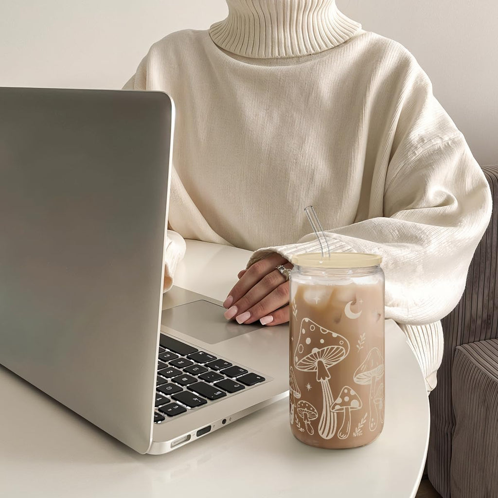 Mushroom 16oz Can Glass Tumbler with Acrylic Lid & Straw, Iced Coffee Cup for Women, Aesthetic Cups Gifts for Birthday Christmas