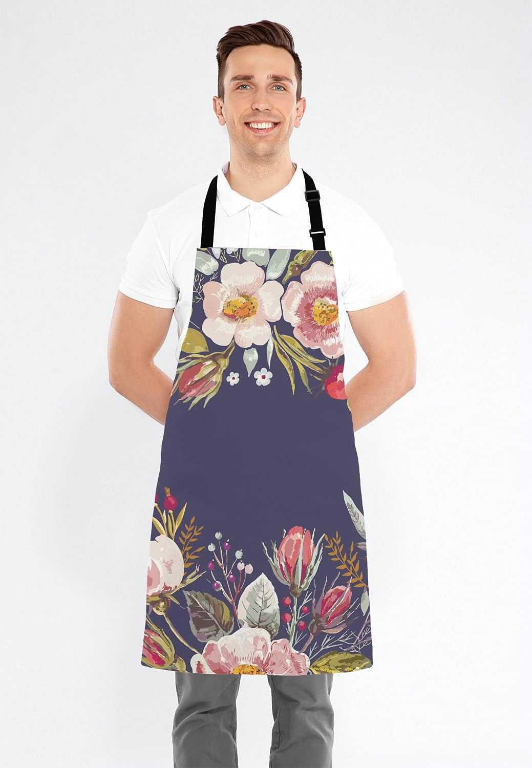Vintage background with hand drawn floral wreath Adjustable Bib Apron, Romantic Flowers Cooking Kitchen Apron for Men Women
