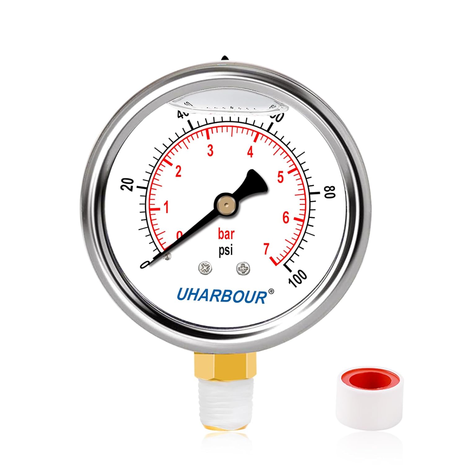 Glycerin Filled Pressure Gauge 1/4 NPT 100psi/7bar, Stainless Steel Case, Brass Inside Construction, 2-1/2" dial, 1/4" NPT Lower Connection with Pre-Wrapped Teflon Tape