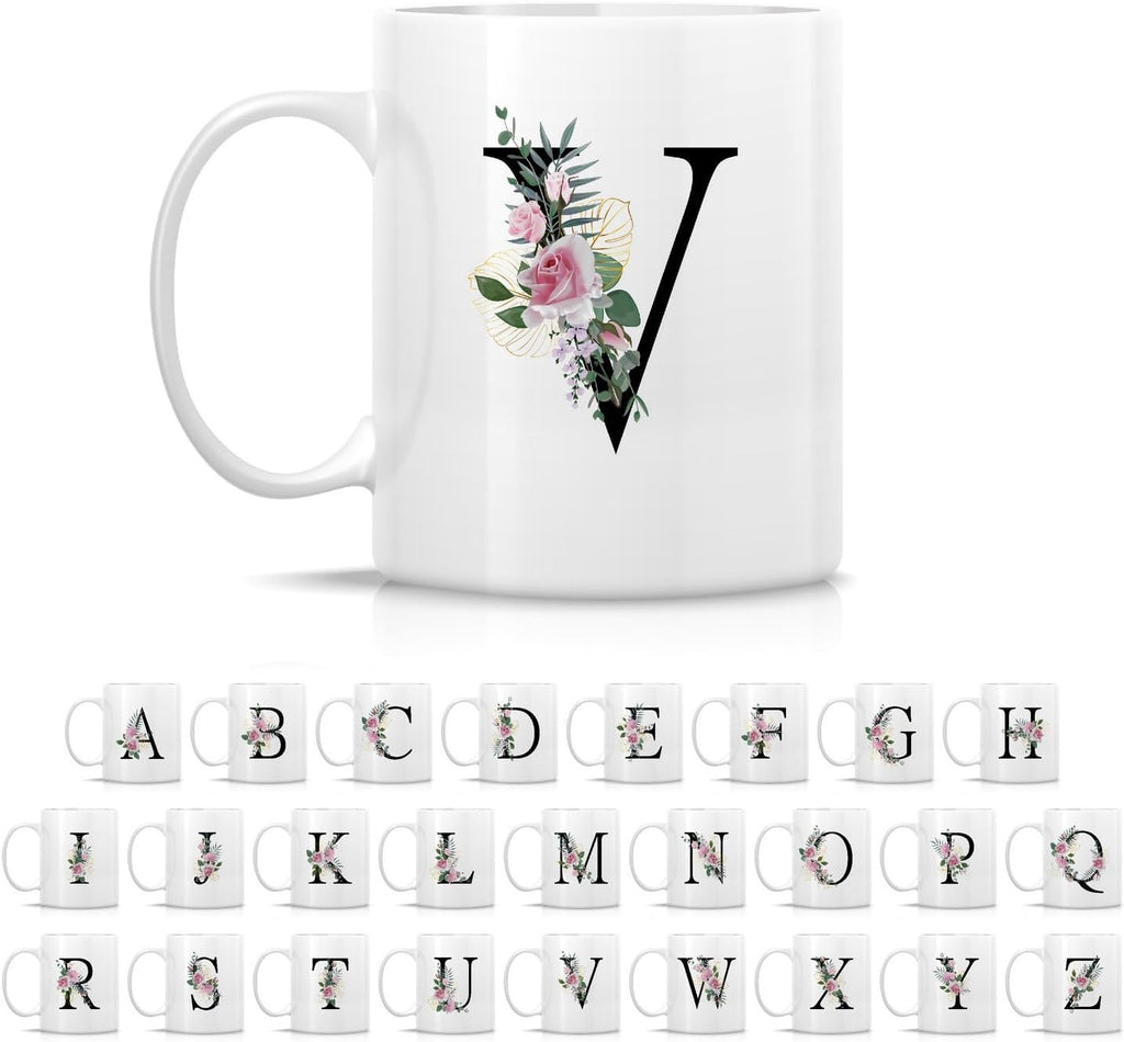 Retreez Initial A-Z Floral Botanical Bouquet Alphabet Monogrammed Monogram Mug 11 Oz Ceramic Tea Coffee Mugs - Appreciation Thank You Wedding Birthday Gifts for her friend coworker sister - V Initial