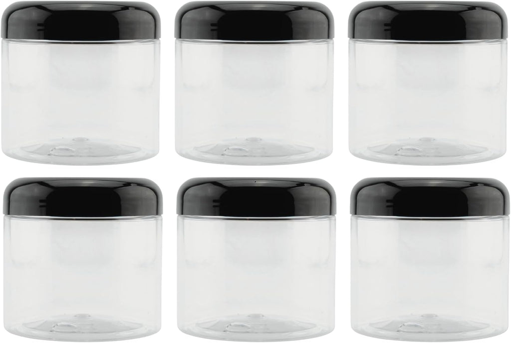 Cornucopia Brands 16oz Clear Plastic Jars w/Domed Lids (6-Pack); BPA Free PET Stackable Straight Sided Canisters for Bathroom & Kitchen Storage