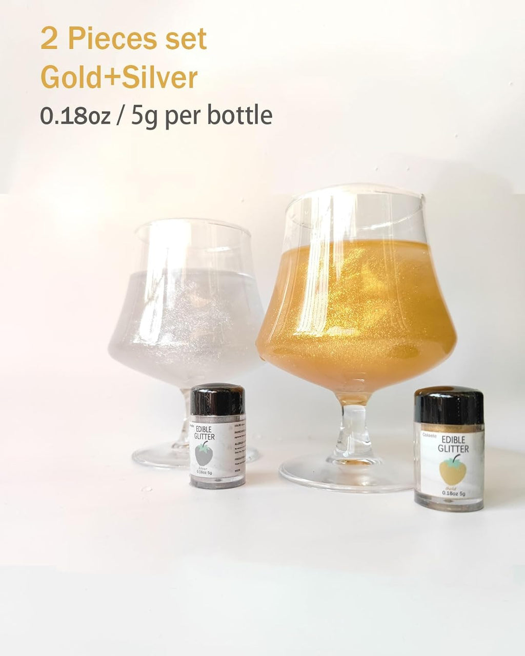 Gold Silver Edible Glitter Glimmer Powder for Cakes Drinks - Colaele 5 grams Food Grade Luster Dust Metallic Food Decorating Sprinkle Disco Brew Dust for Cake Decorations Wine Beverage Dessert, Vegan