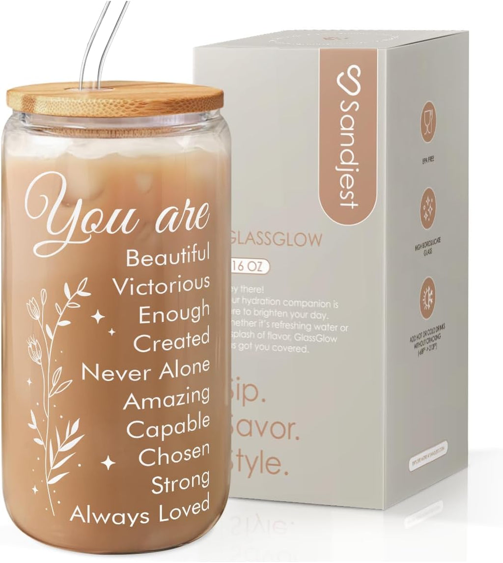 SANDJEST Inspiration Glass Can, Positive Motivational Cup with Lid & Straw, Iced Coffee Aesthetic Cups, Idea Gift for Christmas Birthday Mother Day, Gifts for Women, 16oz