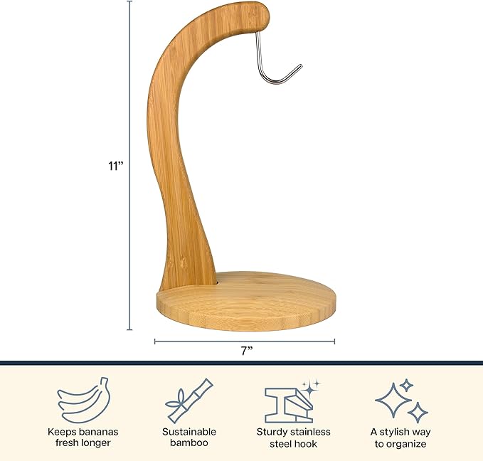 Totally Bamboo Banana Holder – Wooden Banana Stand and Hanger for Countertop Fruit Storage, Durable Bamboo Banana Hook for Even Ripening and Easy Access