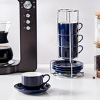 2.5 Ounce Porcelain Espresso Cups with Saucers and Silver Stand, Navy Stackable Cups Set of 4