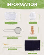 Matcha Whisk Set, Ceramic Matcha Set Includes Bowl with Spout, Whisk and Holder, Bamboo Scoop, Sifter and Tea Towel - 6 Pcs Matcha Kit Gift for Matcha Lovers (White)