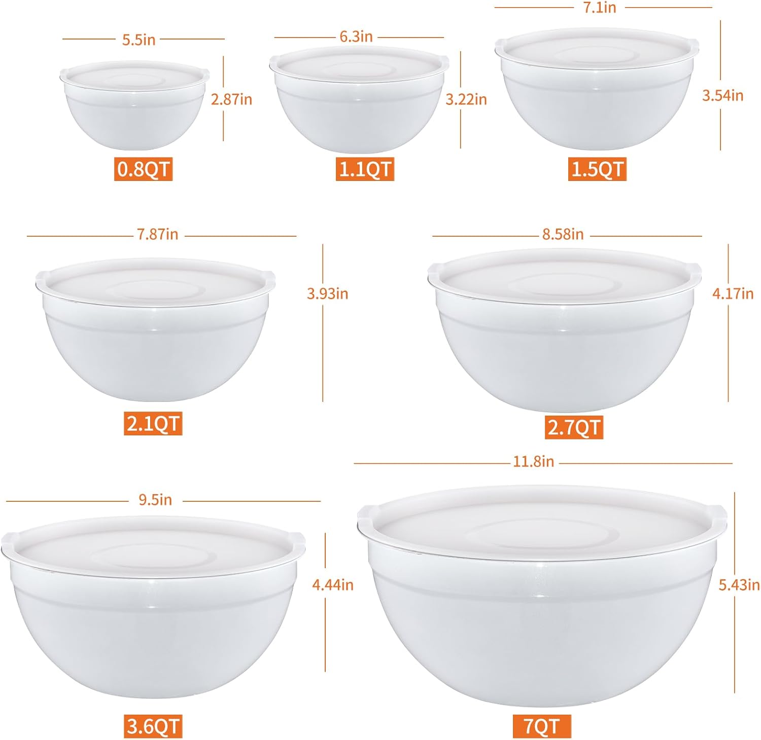 White Mixing Bowls With Airtight Lids,Stainless Steel Bowl,Salad Bowls 7 Piece Colorful Nesting Bowl White Kitchen Accessories,Size 7,3.6,2.7,2.1,1.5,1.1,0.8QT Stackable Design