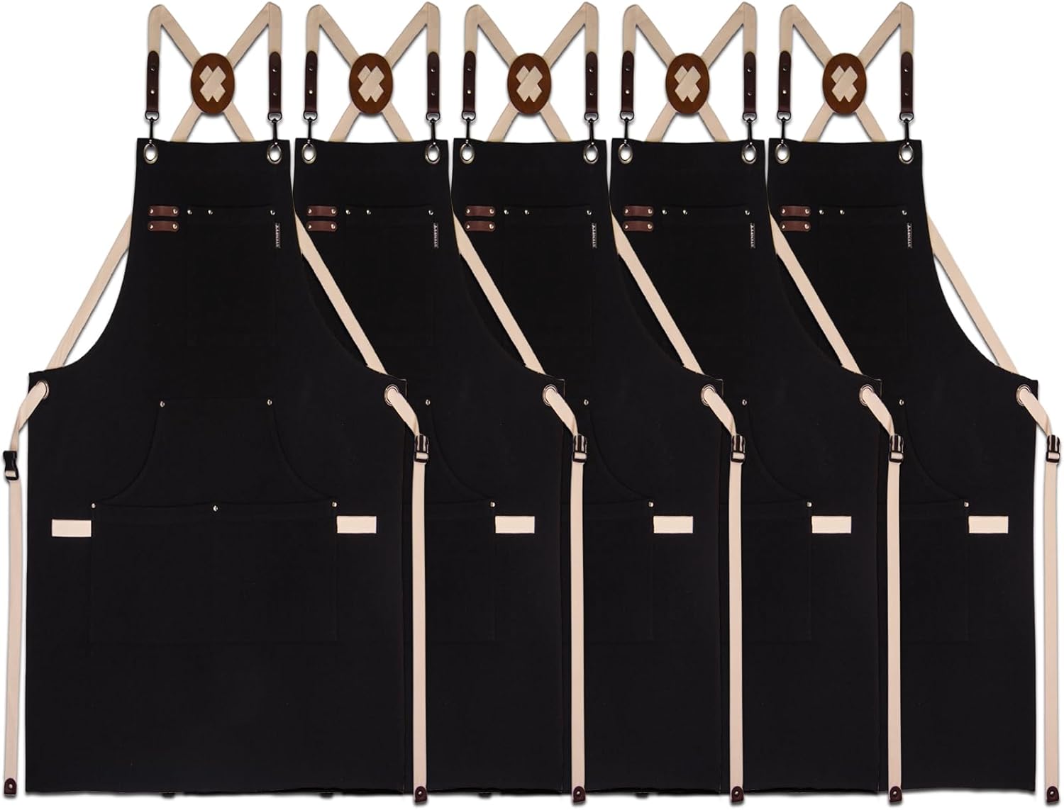 5 Pack Kitchen Apron, Work Apron, Canvas, Multiple Pockets, Gardening, Painting, BBQ, Artist, Carpenter, Sizes M to XXL, Black