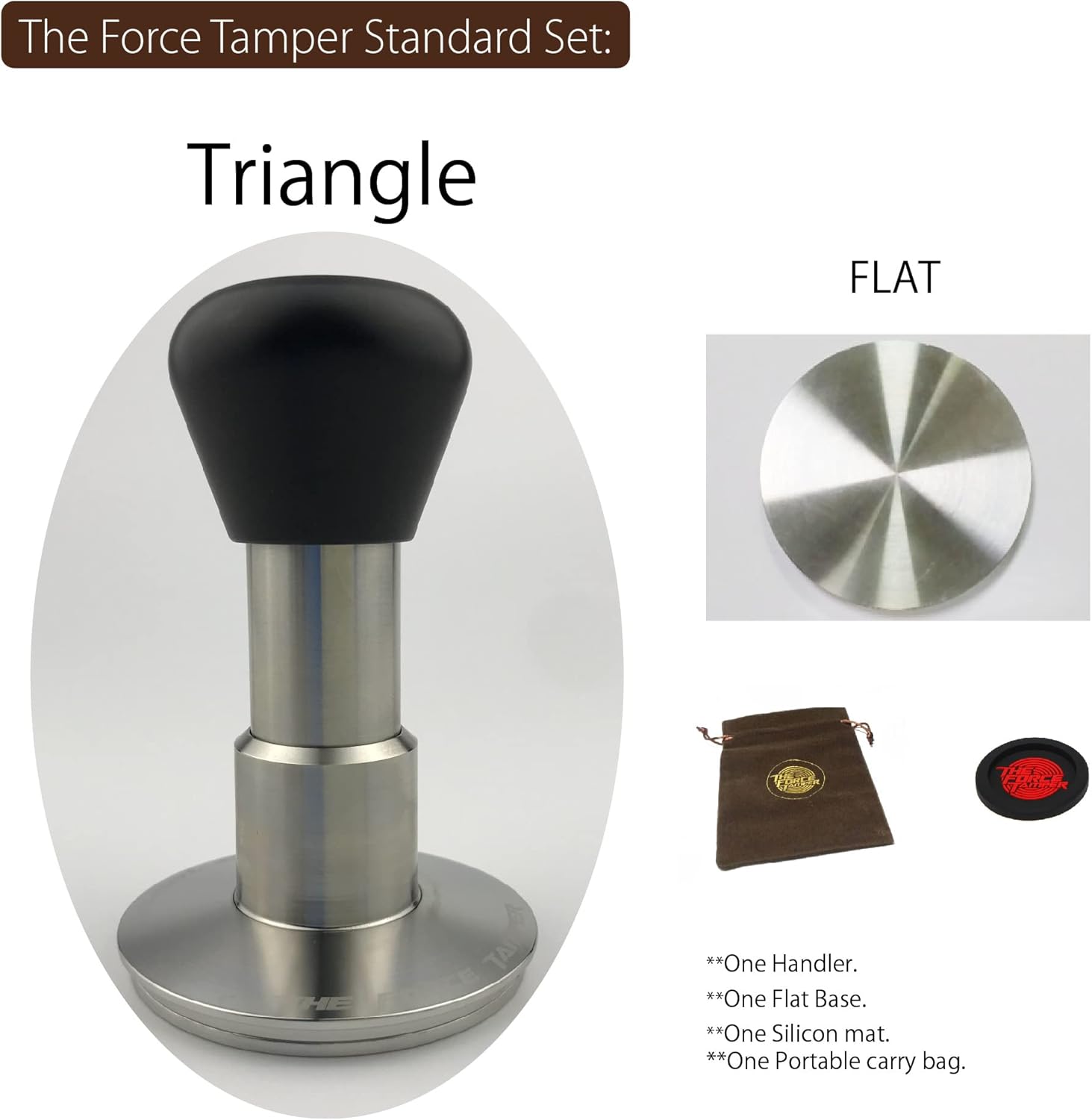 The Force Tamper Automatic Impact Coffee Tamper Adjustable Const Pressure and Autoleveling Standard Set Pro (Triangle, 58.50mm)
