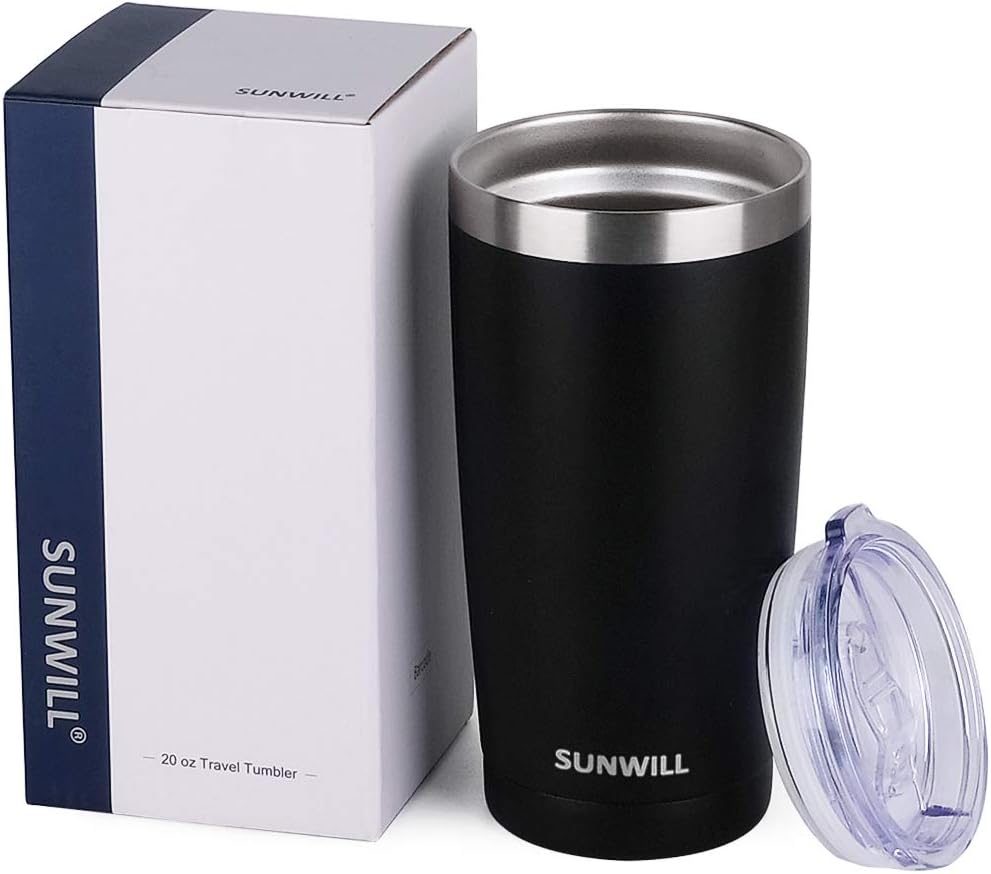 SUNWILL Travel Coffee Tumbler 20 oz, Insulated Mug with Lid, Stainless Steel Cup for Outdoor, Powder Coated Black