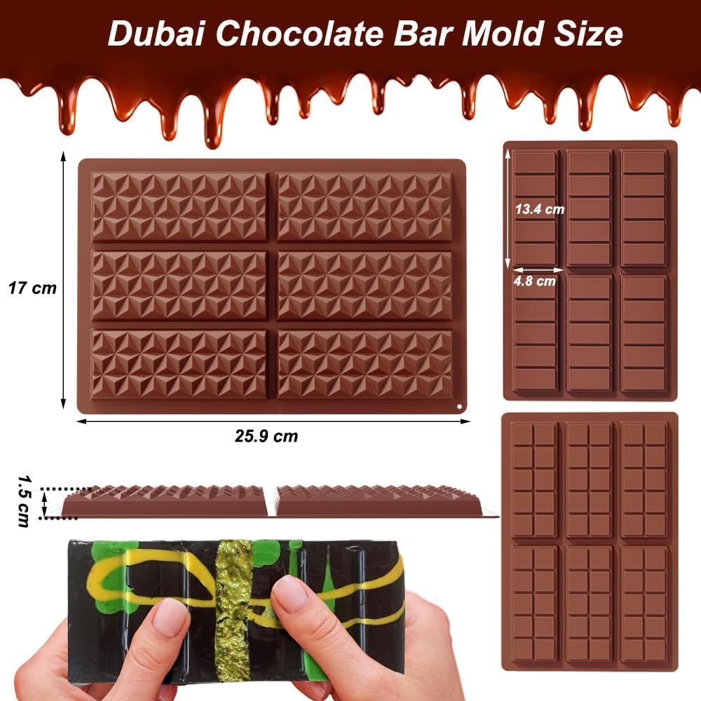 Dubai Chocolate Mold 3 Pack,0.5 Inch Deep Large and Thick Silicone Chocolate Bar Molds for Stuffed Bar,Big Candy Bar Mold for Filling Knafeh Pistachio Chocolate Kit