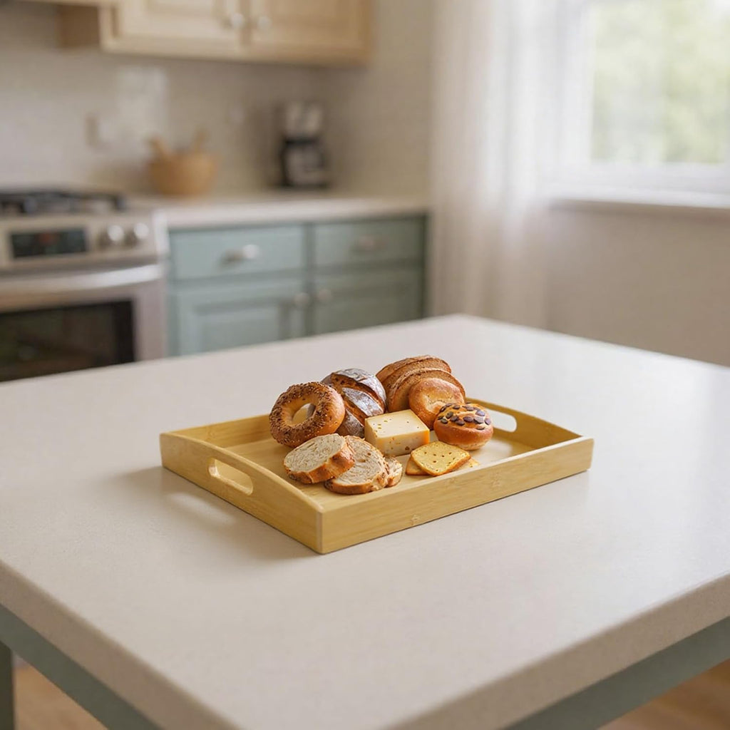 Set of 2 Bamboo Serving Tray with Handles, Decorative Wooden Tray for Breakfast, Dinner, Coffee Table - Portable Bamboo Tray for Ottoman, Kitchen, Living Room Bedroom, Outdoor Scenarios and More