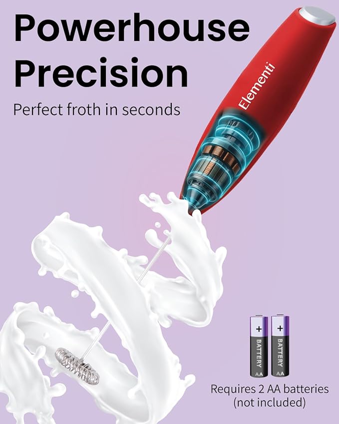 Elementi Milk Frother Handheld - Wisking Tool Electric - Hand Frother for Coffee - Electric Stirrer & Mini Mixer - Drink Mixer Handheld Coffee Whisk (Red)