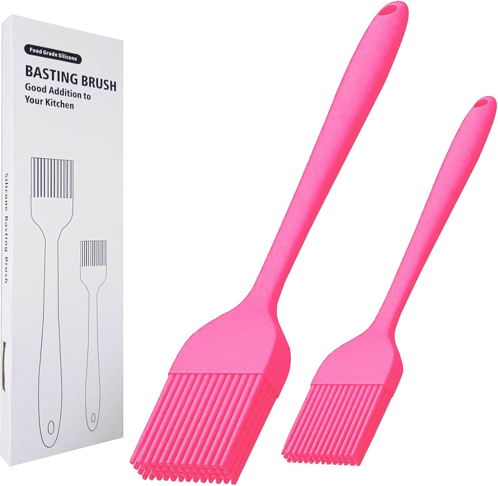 Silicone Basting Brush 2 Pcs Pastry Brush for Oil, BBQ, Grill, Sauce Baking Cooking, Dishwasher Safe (Pink)