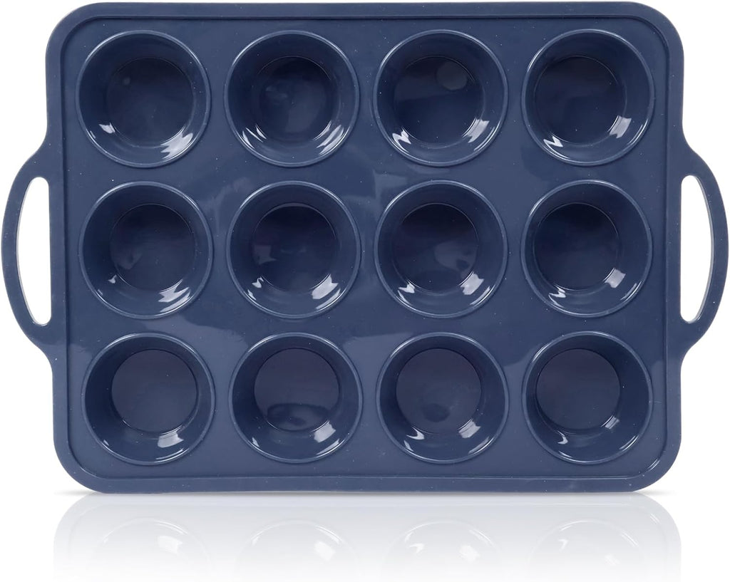 Silicone Muffin Pan with Metal Frame, Non Stick Silicone Cupcake Pan with Handles Regular 12 Cup, BPA Free Silicon Muffin Tin Tray for baking, egg bites, Cupcake Mold Grey